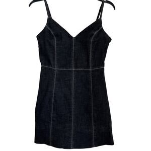 Urban Outfitters Black Denim Mini Dress V-Neck Spaghetti Straps Stretch XS